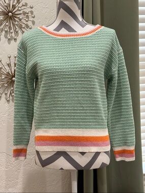 Hem & Thread Stripe Trim Crochet Pullover Sweater